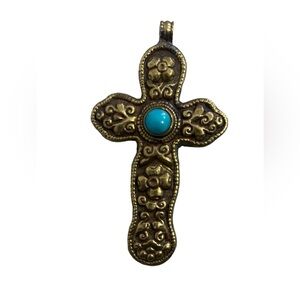 Vintage Tibetan Turquoise Gold Tone Cross Floral Embossed Pendant